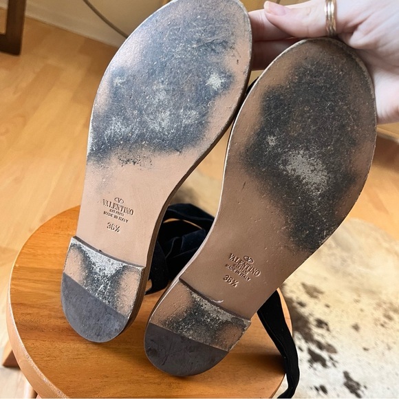 VALENTINO‎ GARAVANI Black Lace Up Leather Trimmed Velvet Sandals Size 36.5 - Picture 6 of 9